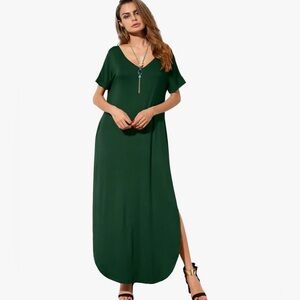 Women’s V-Neck Green Maxi Dress with Pocket and Side Slits, sz M